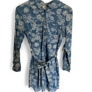 New With Tags Y2K Boho Floral Chambray Belted Button-Up Collared Dress Size S